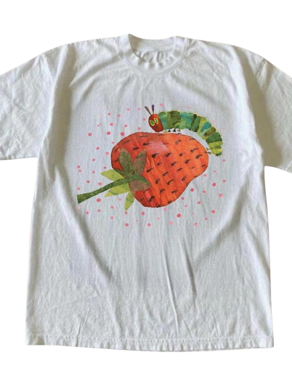 White Tee with Red Strawberry & Green Caterpillar Graphic, Gift For Her, For Him